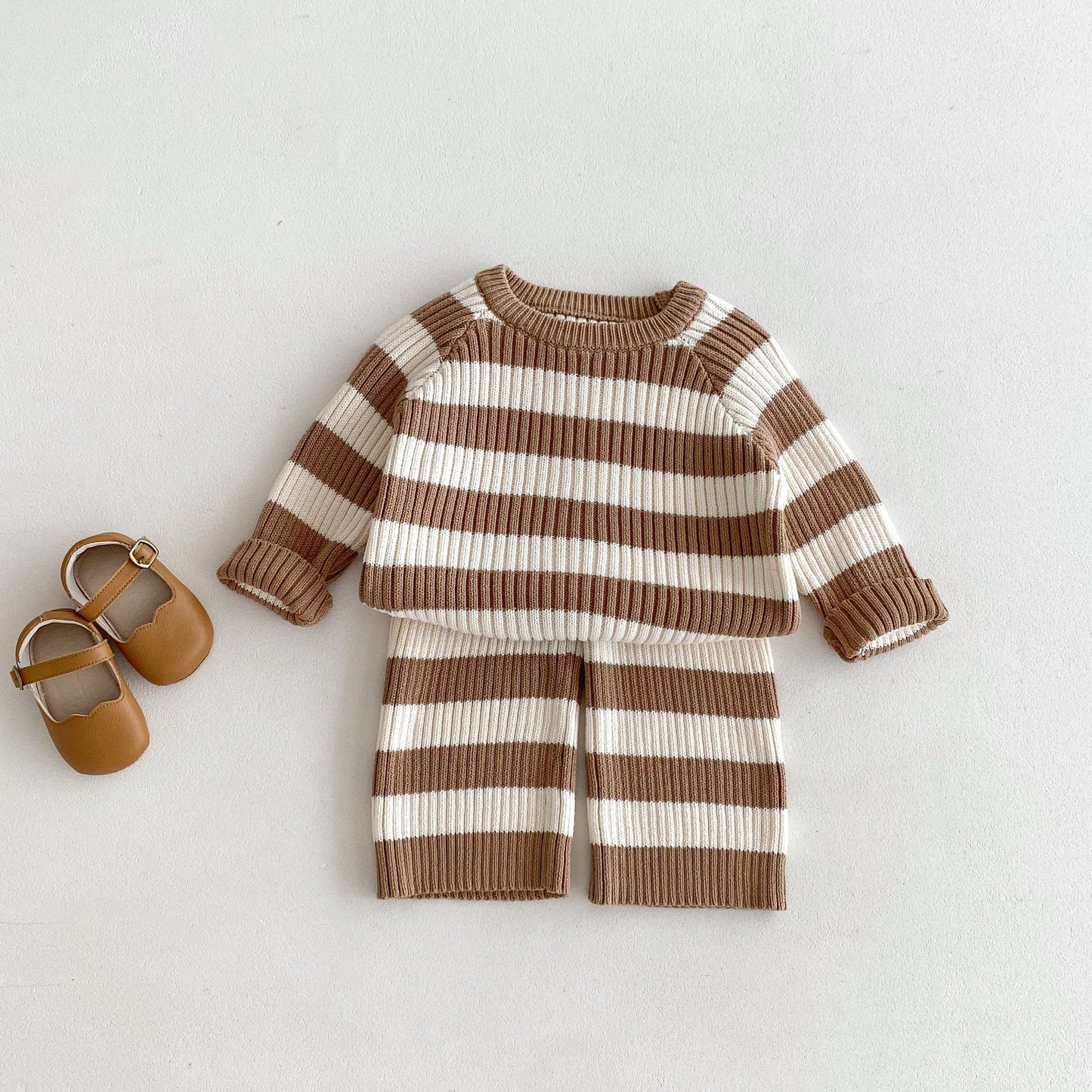 2024 Autumn Clothing Korean Children's Clothing Sweater Striped Long Sleeve Pullover Men's And Women's Baby Pants Autumn And Winter Sweater Suit
