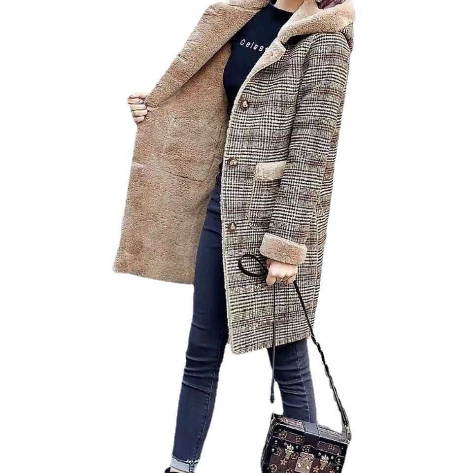 2023 Winter New Women's Plaid Fur One-piece Fleece Thickened Warm Mid-length Hooded Woolen Coat