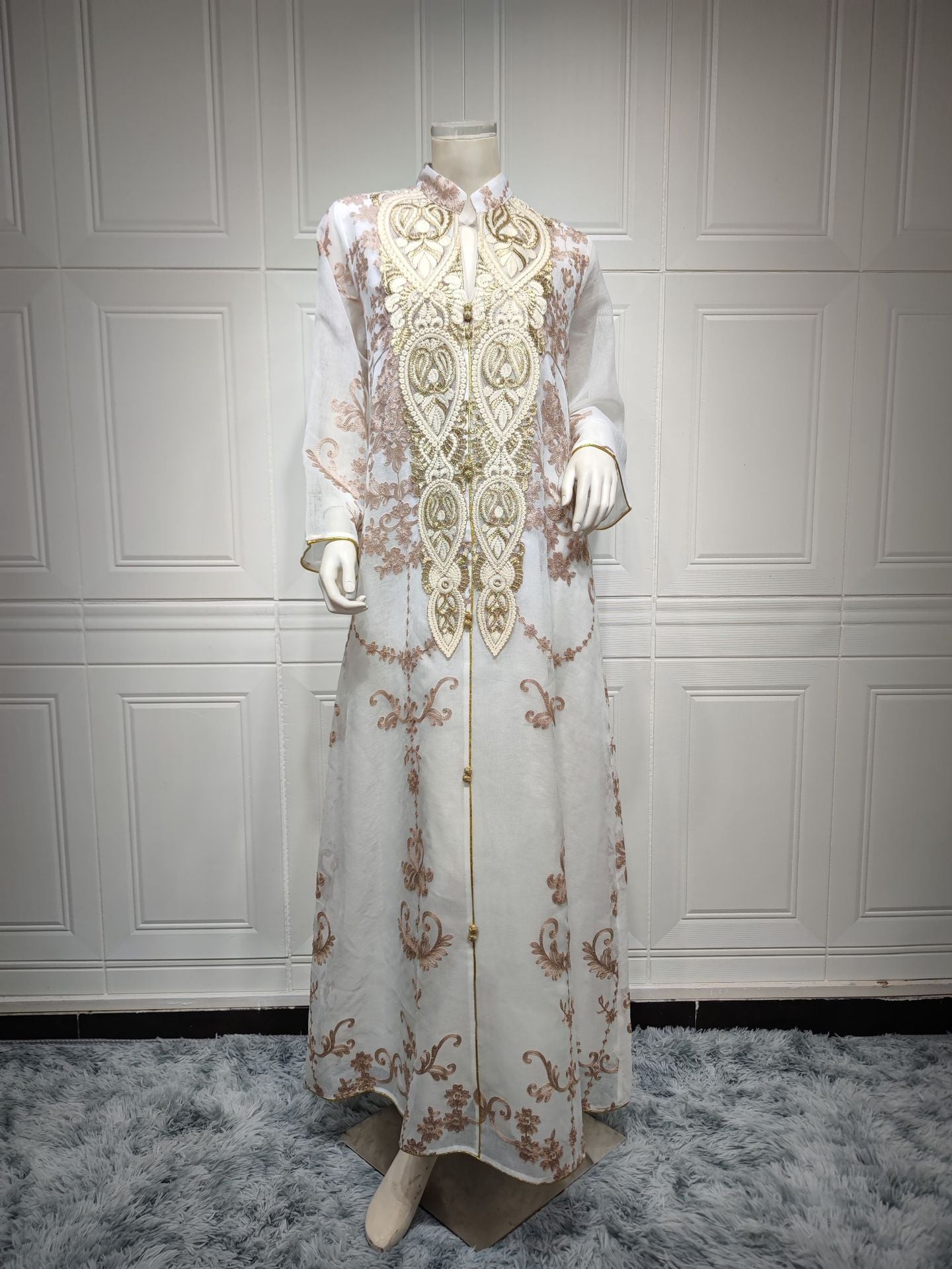 Muslim Evening Dress Mesh Embroidery Appliquéd Robe Abaya