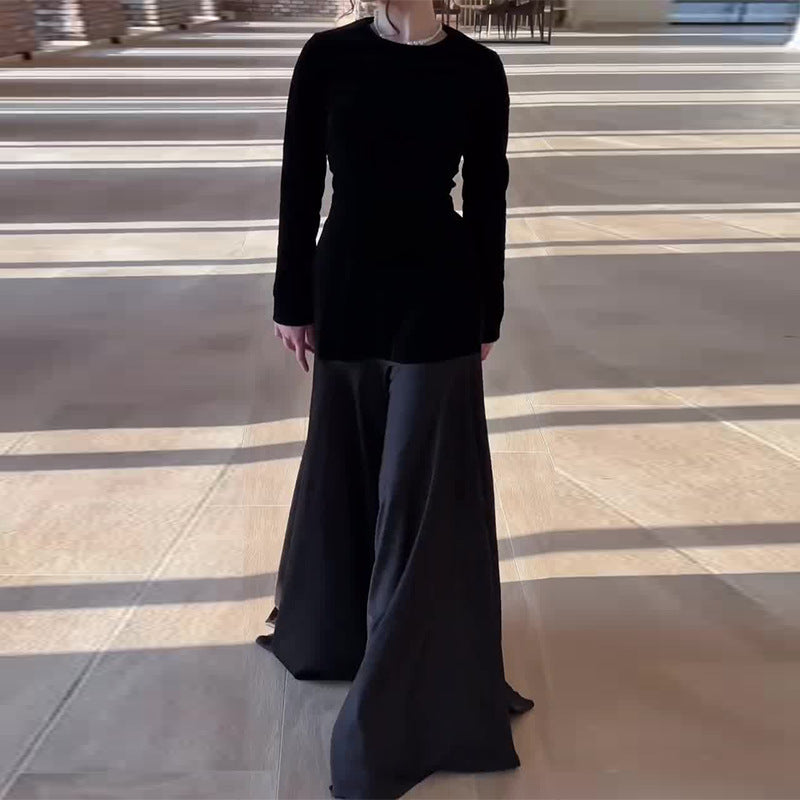 Autumn 2024 New European And American Cross-border Amazon Cross-border Women's Crewneck Contrast Velvet Stitching Fake Two-piece Long Dress