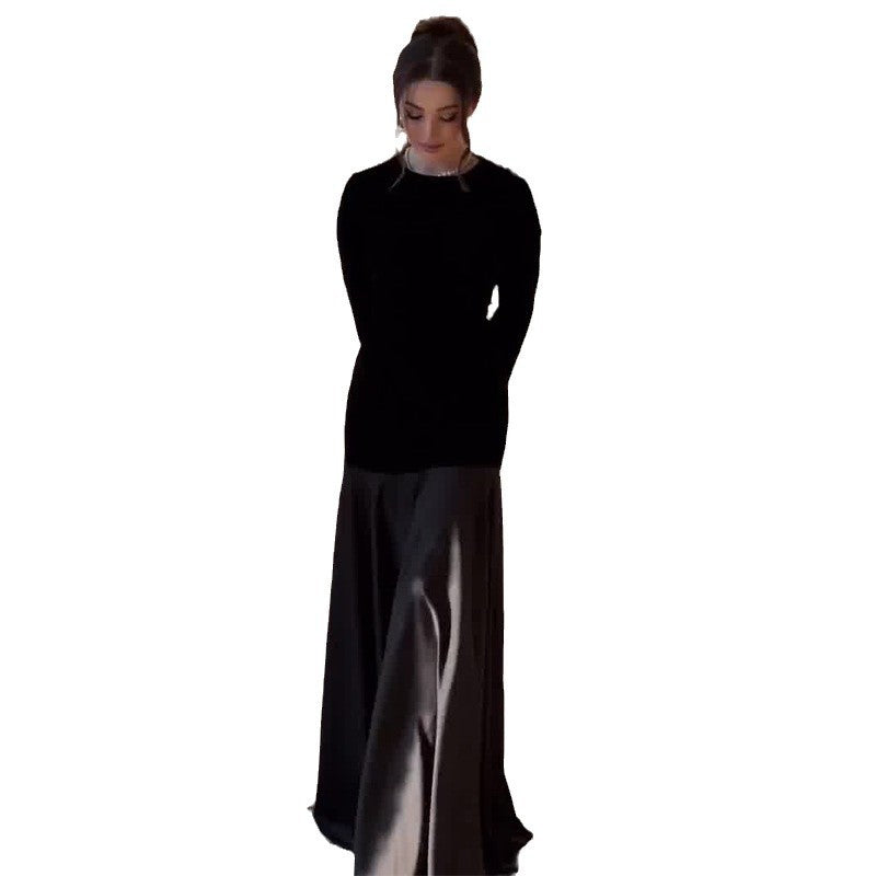 Autumn 2024 New European And American Cross-border Amazon Cross-border Women's Crewneck Contrast Velvet Stitching Fake Two-piece Long Dress