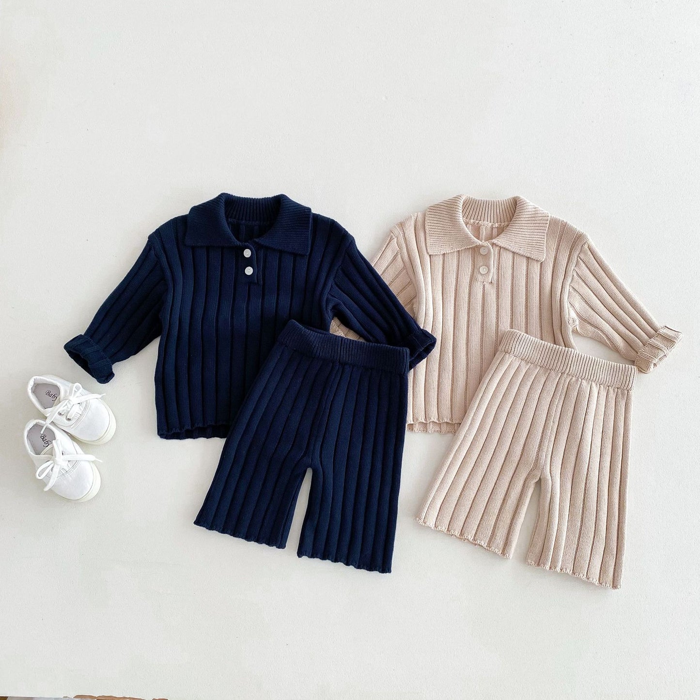Autumn New 1-8 Years Old Children's Korean Sweater Suit Joker Small Lapel Knitted Men's And Women's Children's Pants Two-piece Set