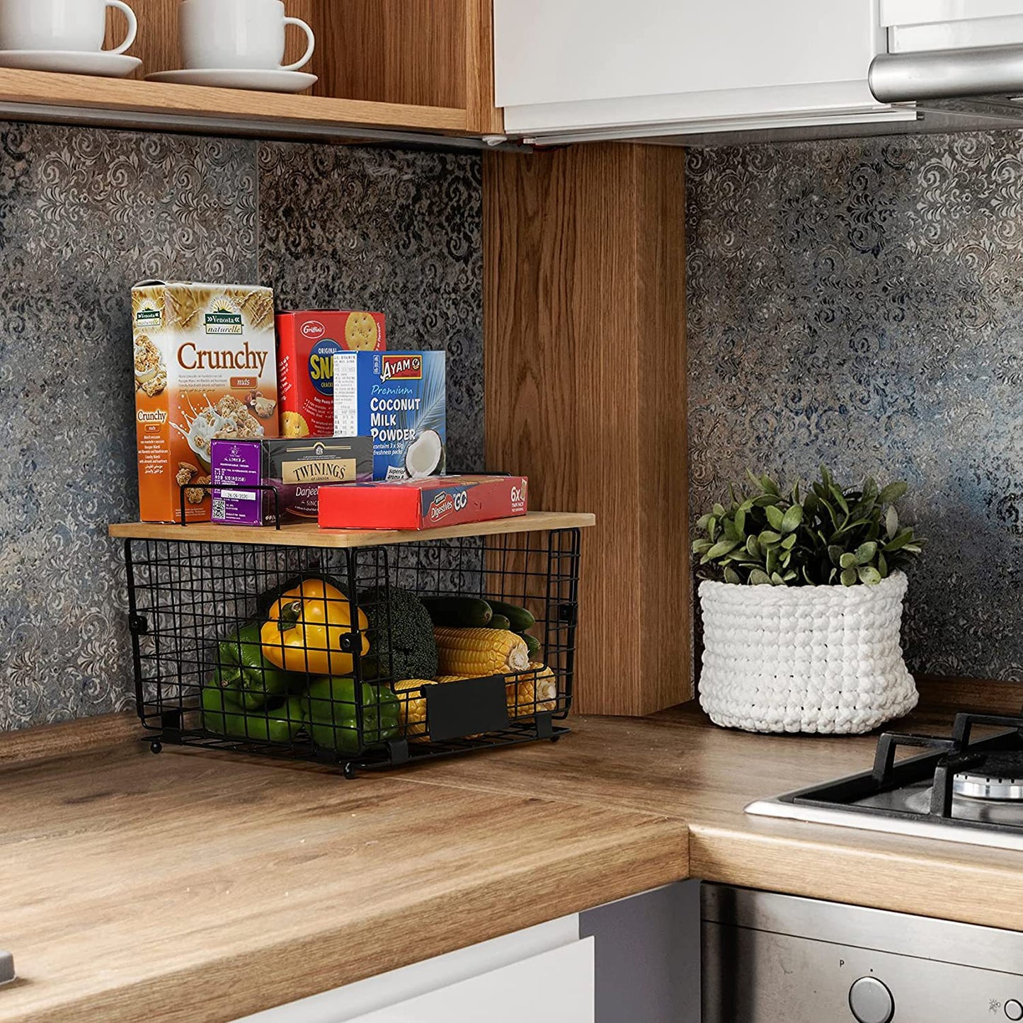Kitchen Wooden Fruit Basket Removable Countertop Storage Rack Snacks Seasonings Vegetable Storage Basket