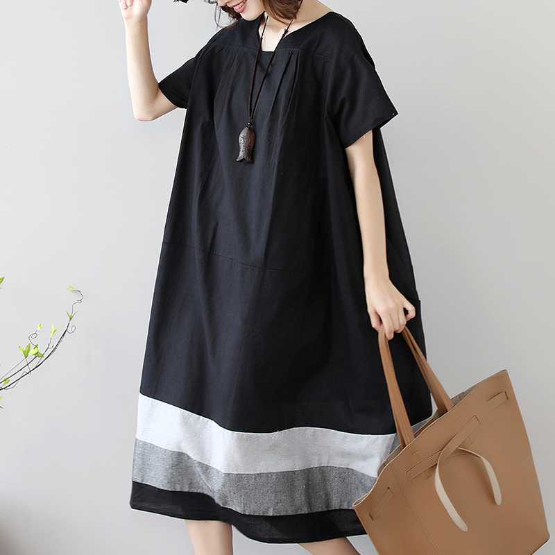 Real Shot 2024 Chubby Girl Plus Size Women's Summer New Korean Version Of Dress Cotton And Linen Short Sleeve Loose Long Skirt Women