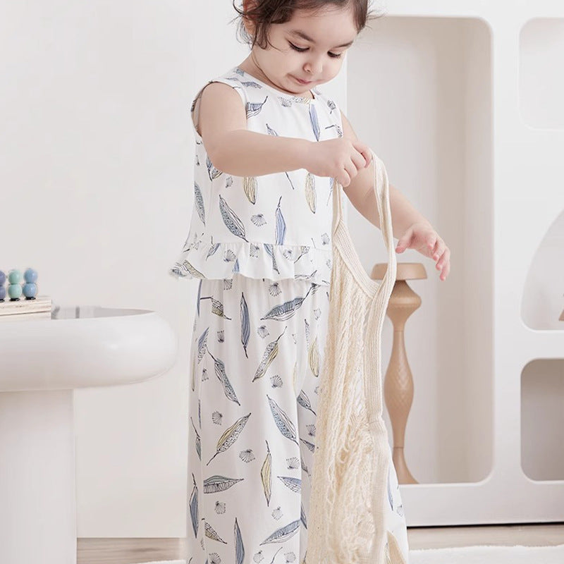 Bamboo Fiber Girls' Short-sleeved Wide-leg Pants Suit 2024 European And American Style Spring And Summer Baby Sleeveless Top Children's Homewear