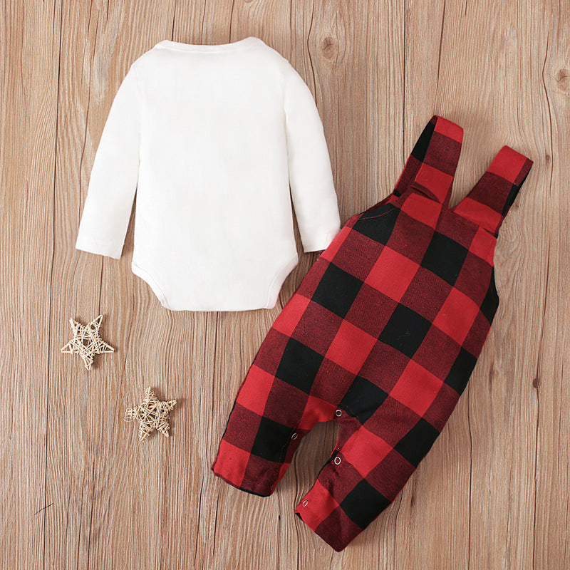 Men's And Children's European And American Spring And Autumn Long Sleeve Tie Top + Plaid Suspender Pants Two-Piece Children's Wear Ins