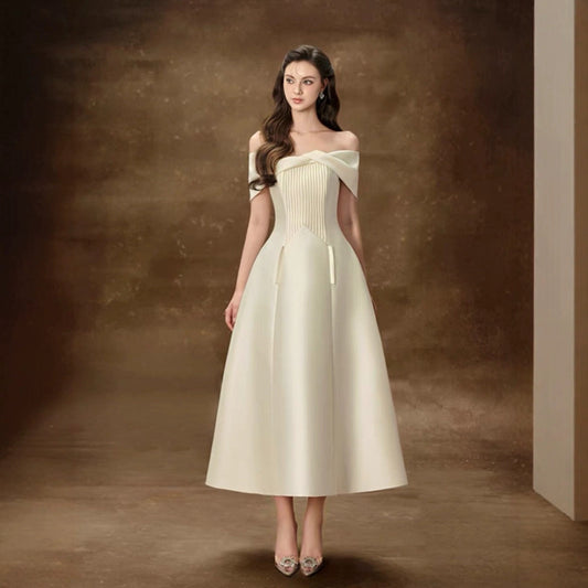 In Stock Vietnamese Designer Delicate French High-end Sense Twisted Off-shoulder Waist A- Line High-end Dress