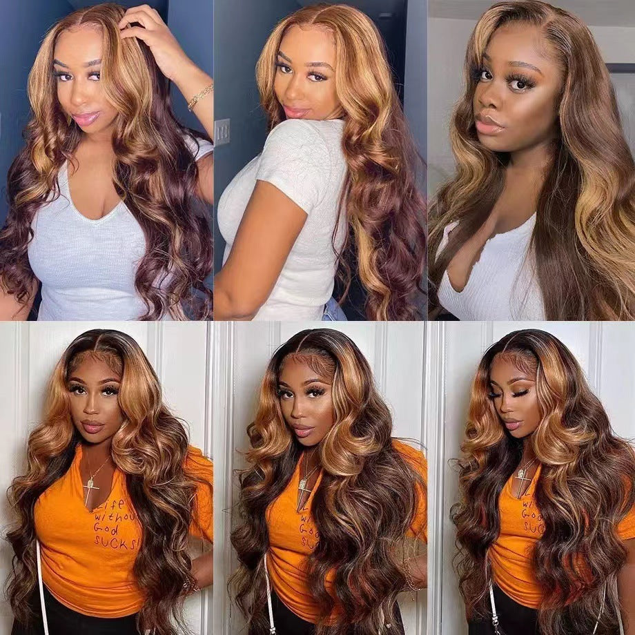 Women's Fashion Brown Dyed Long Curly Hair Middle Split Wig