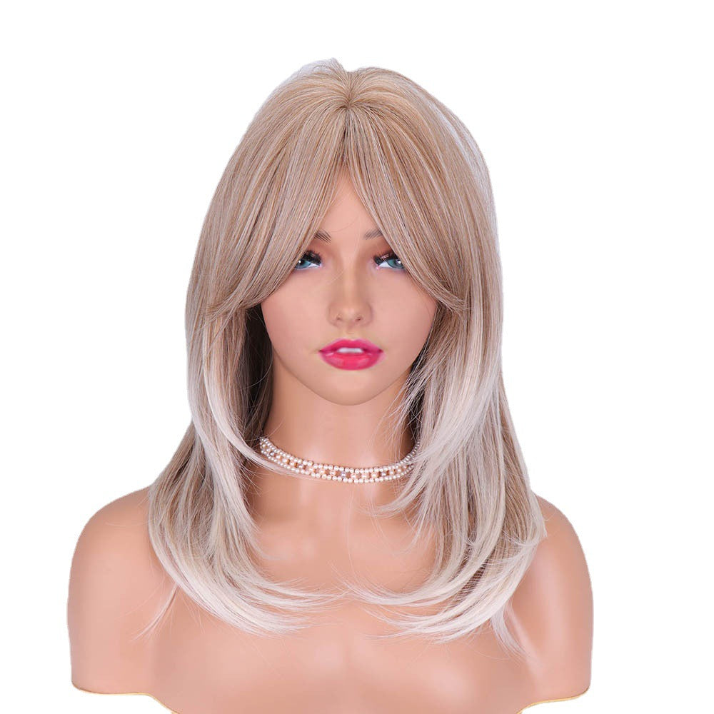 Wig Mid-length Straight Hair Natural Curved Hair Mixed Color Dyed Golden Bangs Short Blonde Female Wig