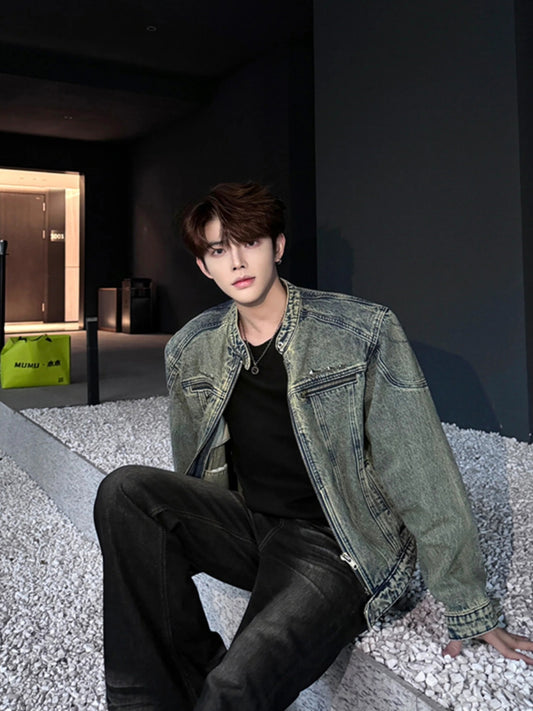 American High Street Short Denim Jacket For Men In Autumn And Winter Zipper Design Shoulder Pad Jacket High-end Washed Denim Jacket