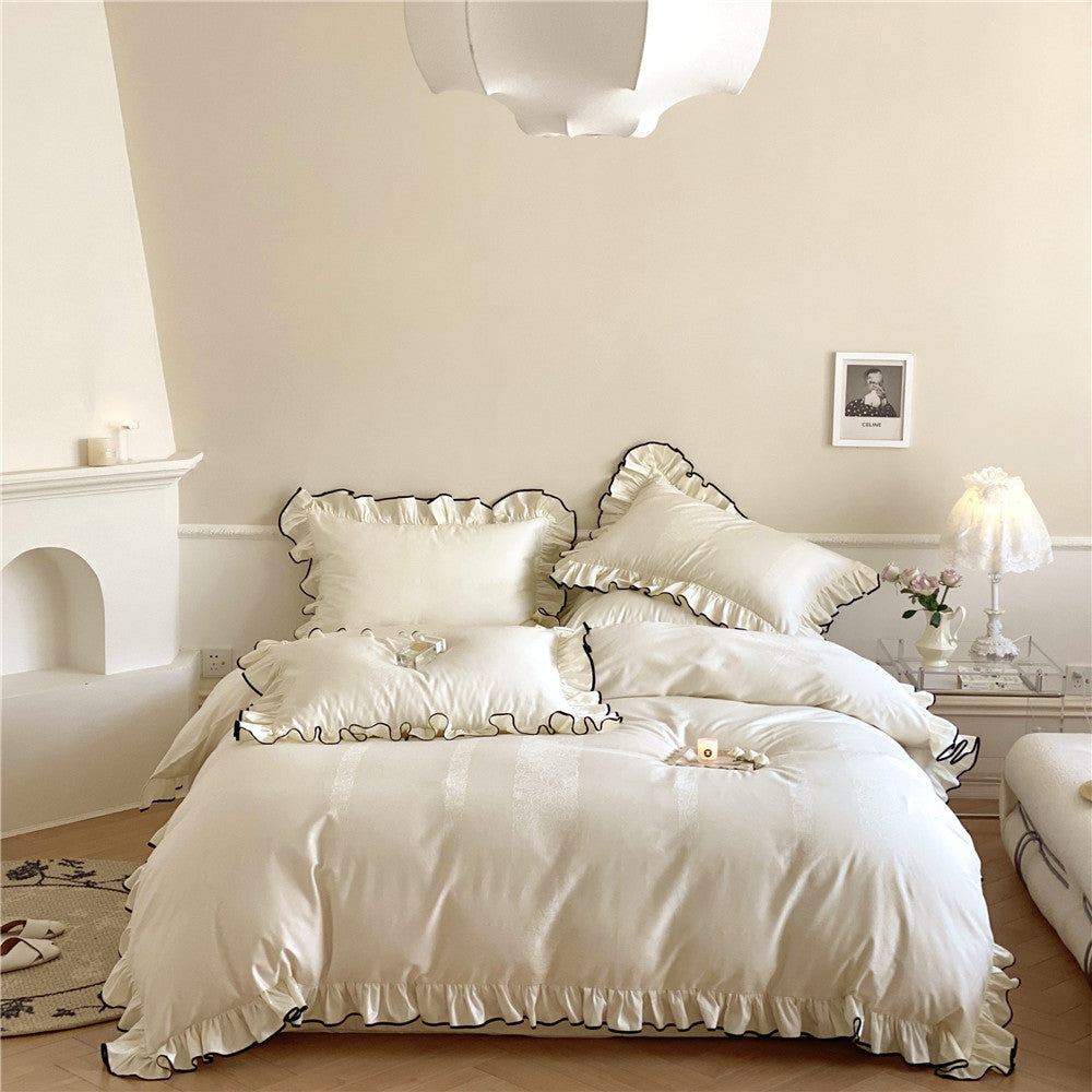 French-style 100-count Long-staple Cotton Four-piece Set Pure Cotton Jacquard Quilt Cover Girl Lotus Leaf Edge Solid Color Bed Sheet Bedding
