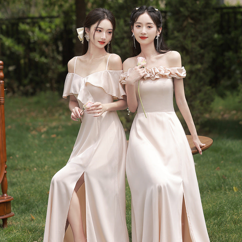 Champagne Bridesmaid Dress For Women 2024 New Style Usually Wearable Spring Small Sisters Group Dress Satin High-end