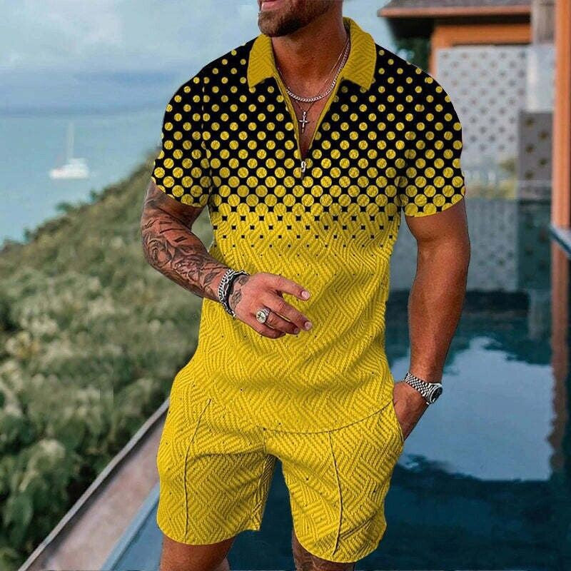 Cross-border Summer Foreign Trade Fashion Zipper Polo Shirt Suit Men's Casual 3D Printed Polo Shirt Beach Pants Suit