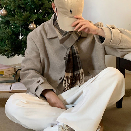 Korean Style Trendy Spring And Autumn Jacket Casual All-match Warm Short Woolen Jacket Short Men's High Street Lapel