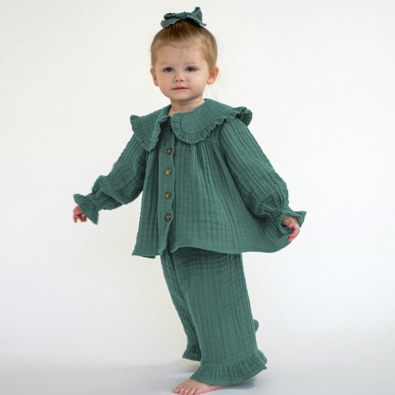 Loose Cute Long-sleeved Two-piece Autumn New Cotton Children's Wear Ruffled Crewneck Top Lace Trousers
