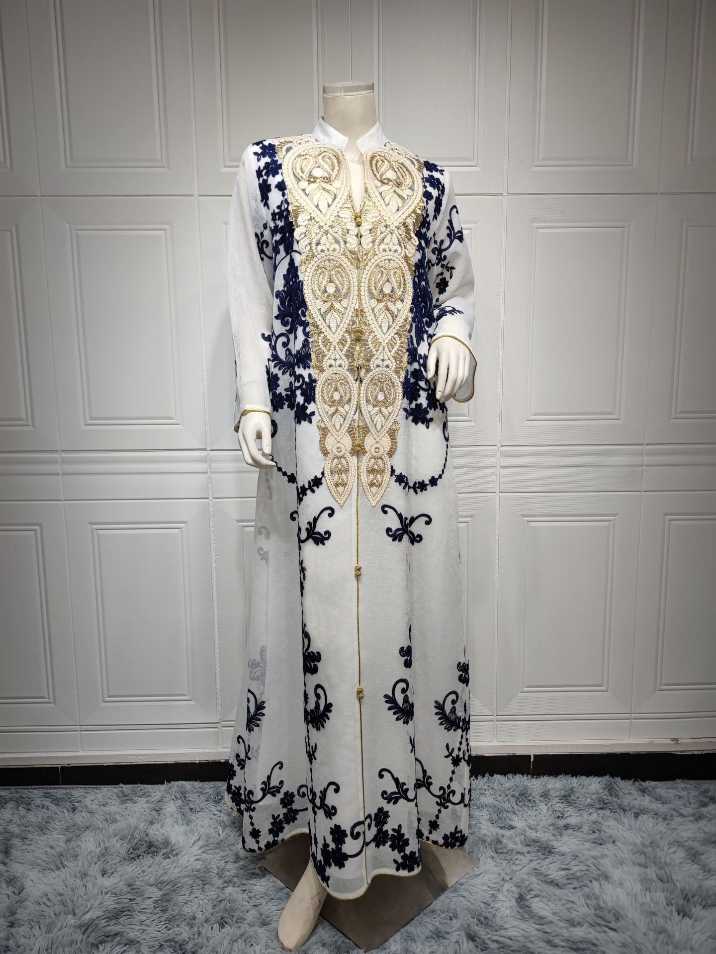 Muslim Evening Dress Mesh Embroidery Appliquéd Robe Abaya