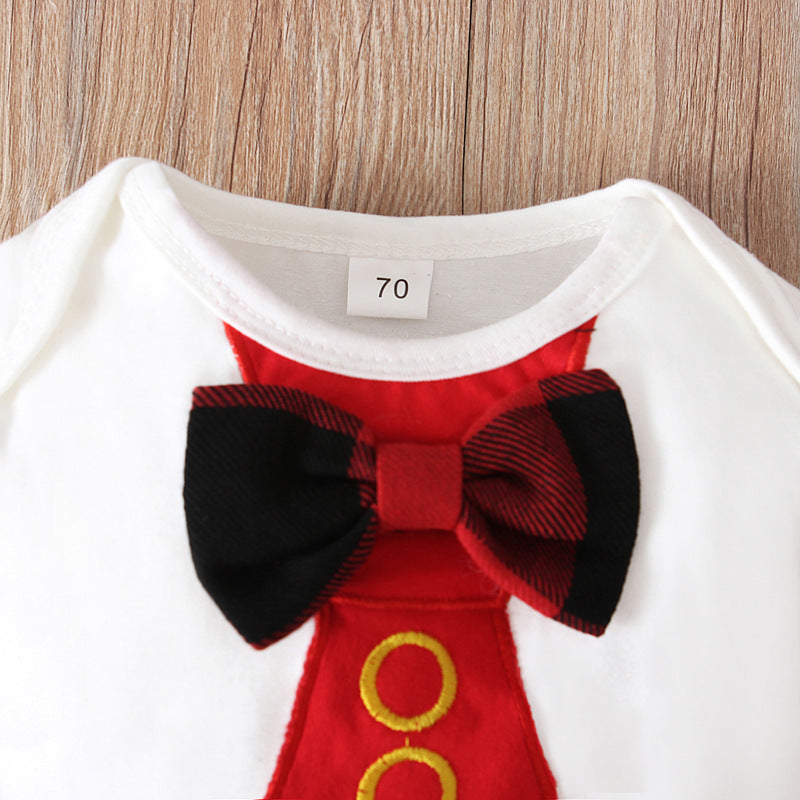 Men's And Children's European And American Spring And Autumn Long Sleeve Tie Top + Plaid Suspender Pants Two-Piece Children's Wear Ins