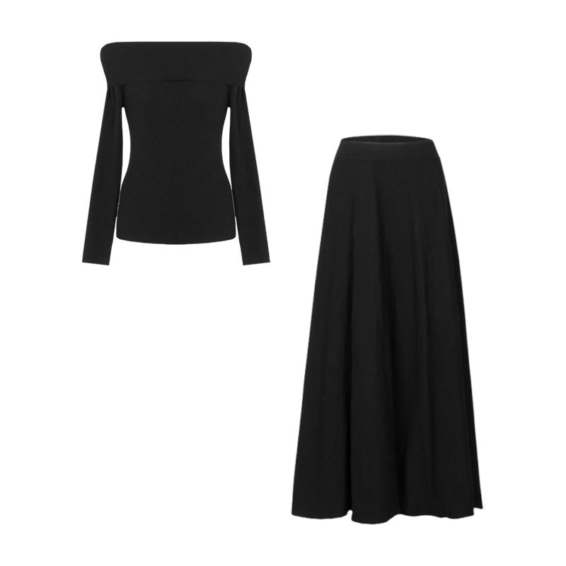 One-shoulder Black Knitted Dress For Women In Early Spring 2025 New Waist-pinching Little Black Skirt Spring Outfit Set