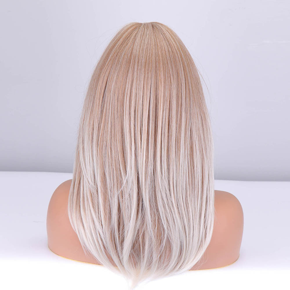 Wig Mid-length Straight Hair Natural Curved Hair Mixed Color Dyed Golden Bangs Short Blonde Female Wig