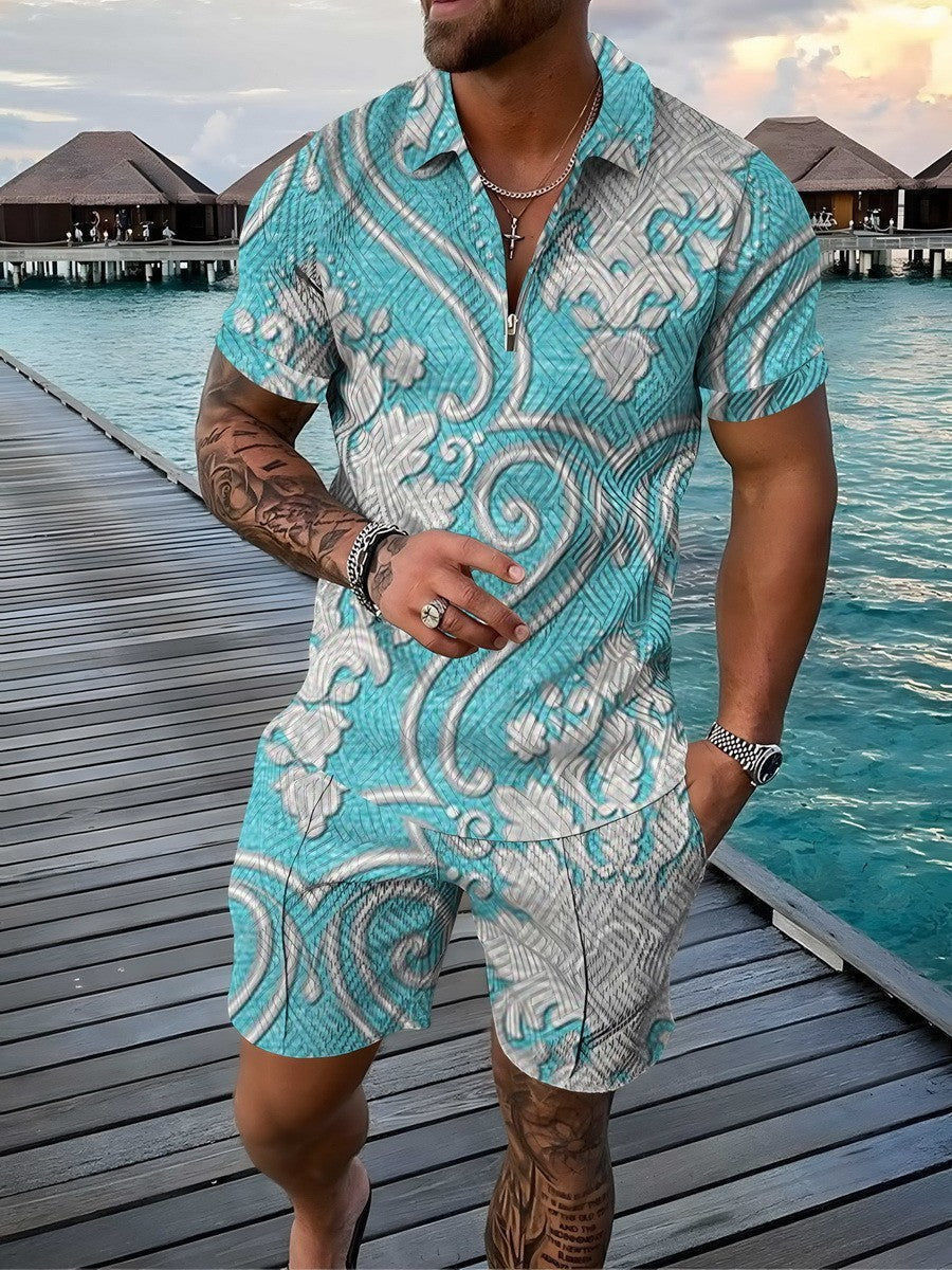 Cross-border Summer Foreign Trade Fashion Zipper Polo Shirt Suit Men's Casual 3D Printed Polo Shirt Beach Pants Suit