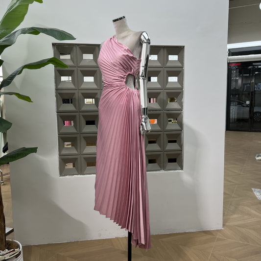 Multi-color Options For Gentle Temperament Pleated Waist, One-shoulder Irregular Skirt, Goddess Elegant Dress In Summer