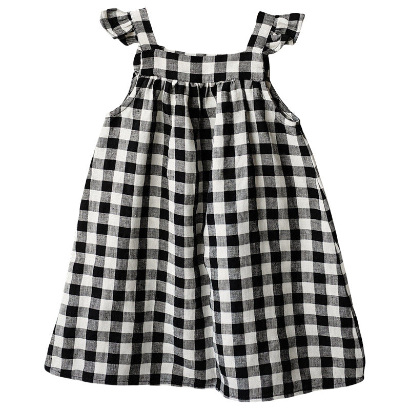 Summer New Style Linen Cotton Breathable Sleeveless Vest Dress For Baby Girls Fashion Contrast Color Plaid Square Collar Dress Children's Wear