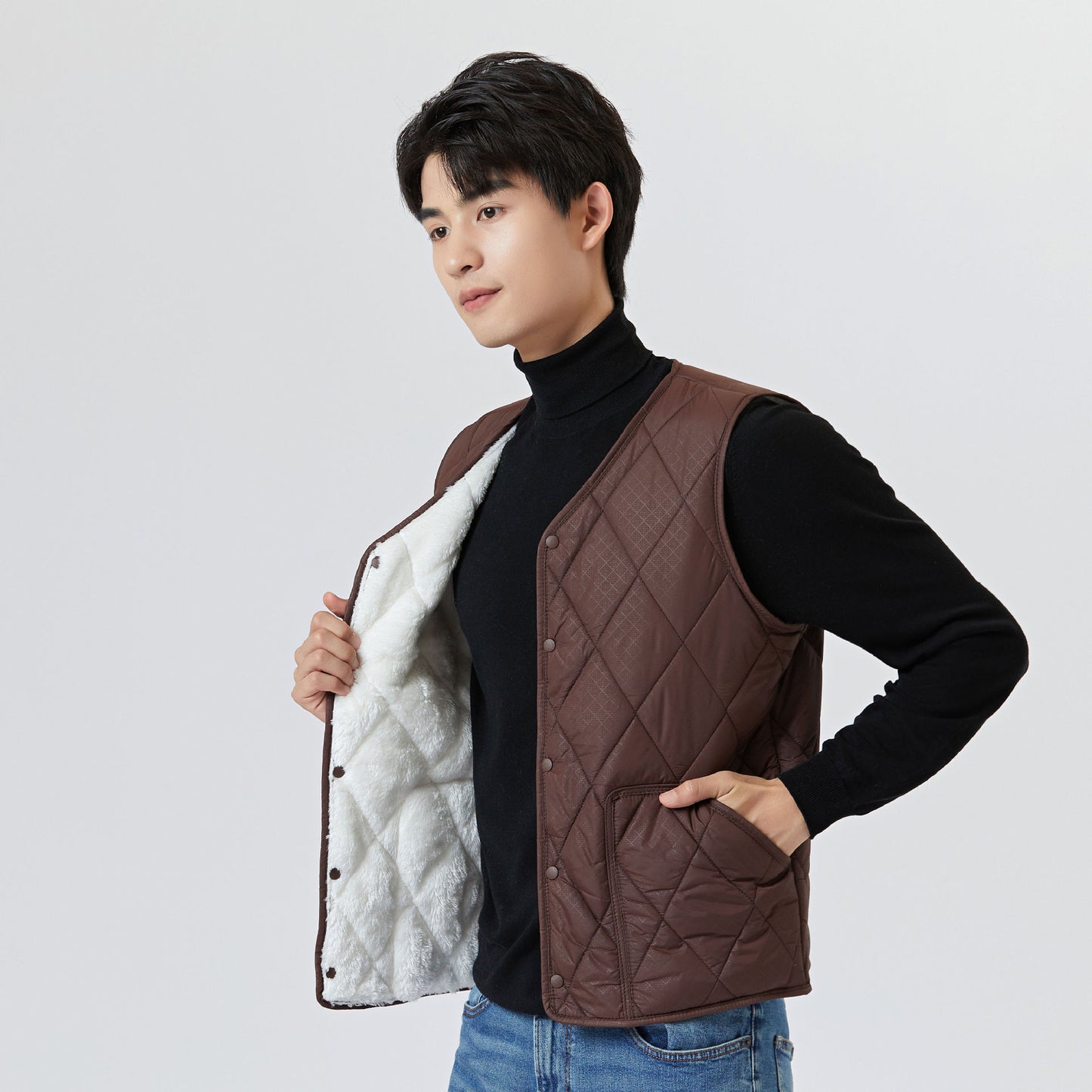 Men's Autumn And Winter Velvet Warm Middle-aged And Elderly Oversized Vest Inner Pocket Men's Diamond Short Vest