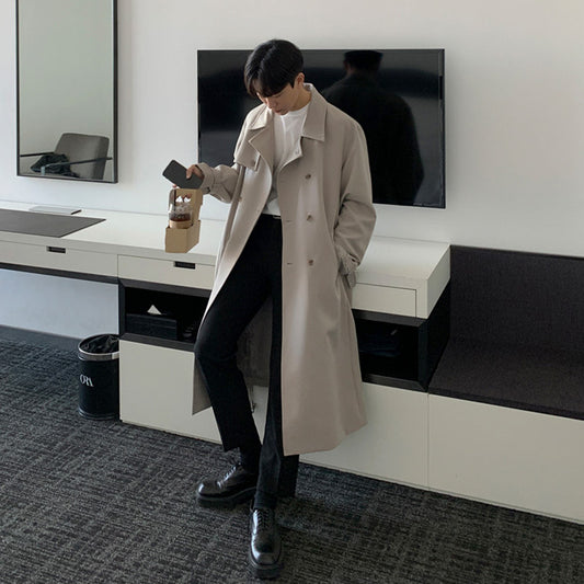 MYQ Autumn New Mid-length Windbreaker Men's Korean-style Trendy Over-the-knee Loose Handsome Coat British Style Coat