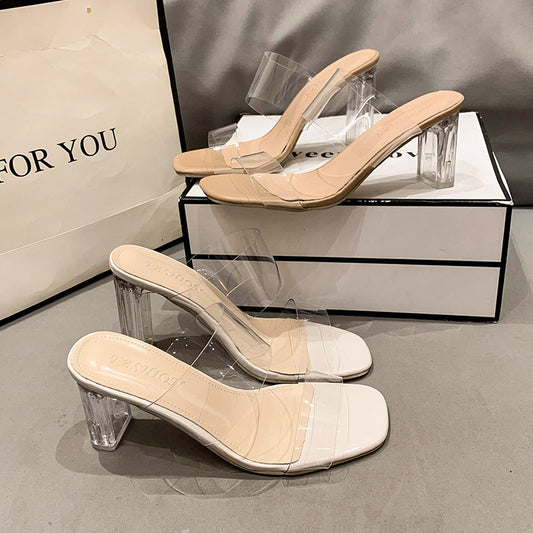 Transparent Ankle-strap Women's Outer Wear High Heel Crystal Sexy Women's Shoes