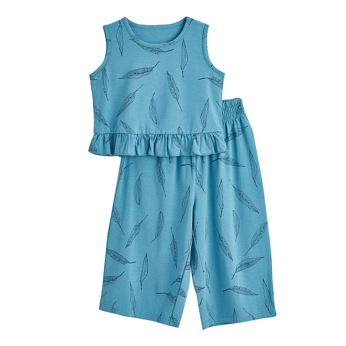 Bamboo Fiber Girls' Short-sleeved Wide-leg Pants Suit 2024 European And American Style Spring And Summer Baby Sleeveless Top Children's Homewear
