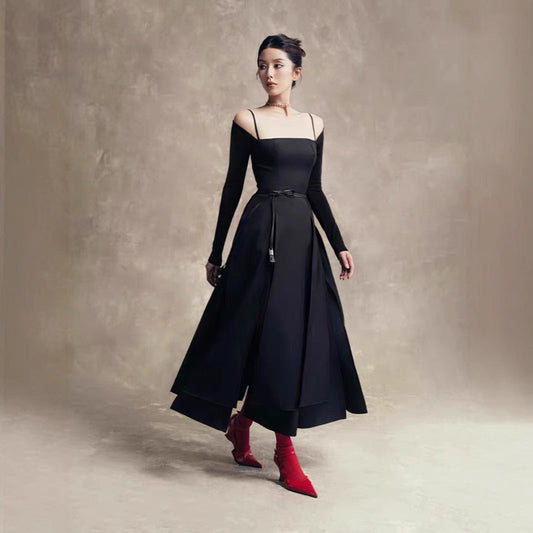 In Stock Vietnamese Designer Elegant Long Sleeve Black Irregular Split Skirt Long Dress Shoulder Strap Dress