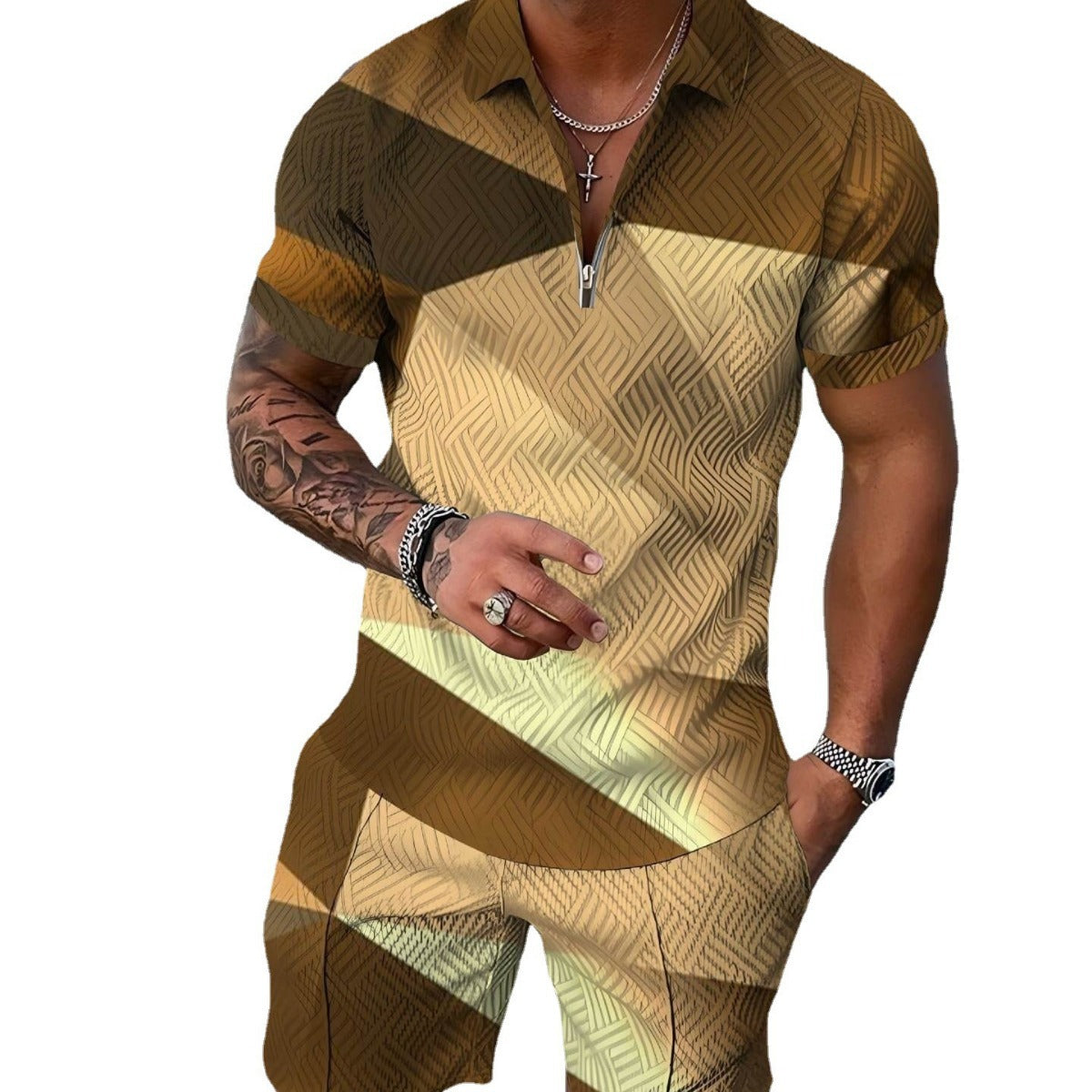 Cross-border Summer Foreign Trade Fashion Zipper Polo Shirt Suit Men's Casual 3D Printed Polo Shirt Beach Pants Suit