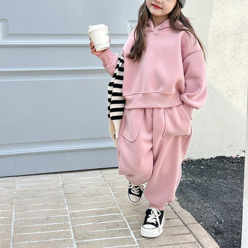 Boys And Girls Autumn And Winter Fleece-lined Padded Vests Suit 2024 New Children's Sports Western Style Leisure Two-piece Suit