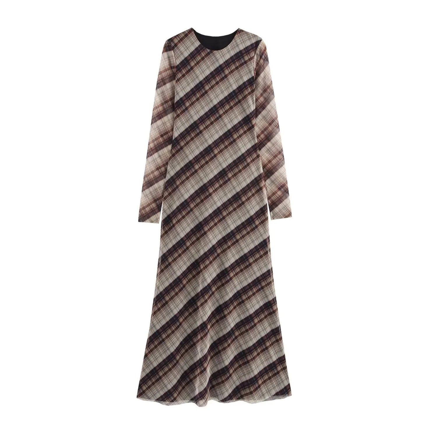 Cross-border European And American Women's AliExpress Explosions Temperament Fashion Long Plaid Silk Net Dress