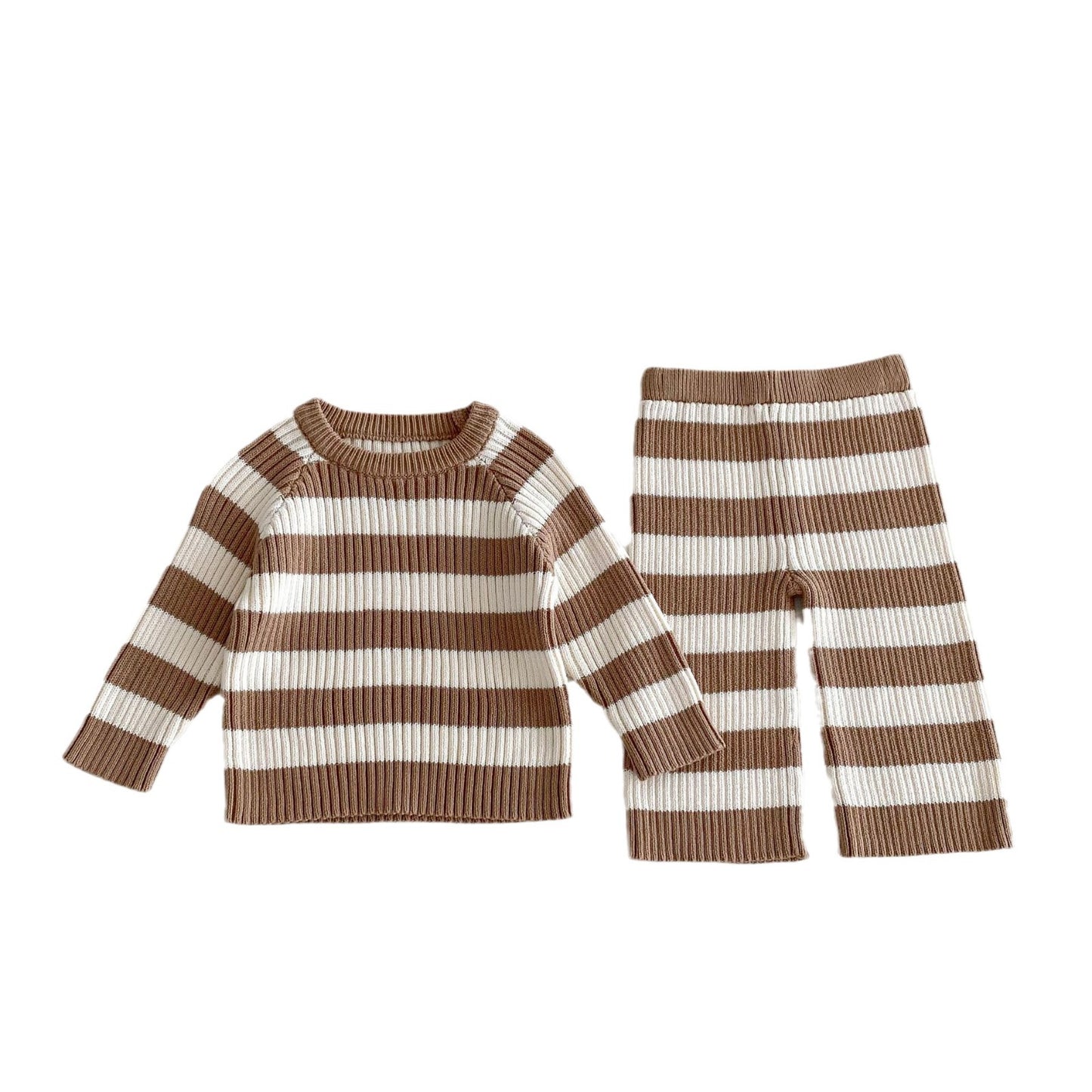 2024 Autumn Clothing Korean Children's Clothing Sweater Striped Long Sleeve Pullover Men's And Women's Baby Pants Autumn And Winter Sweater Suit