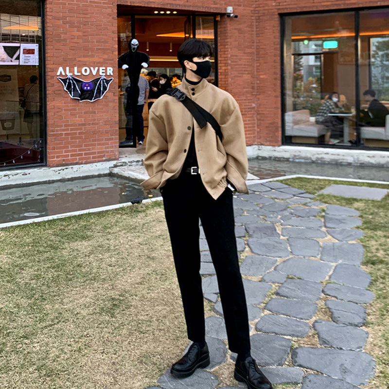 Jacket Casual Versatile Handsome Simple Woolen Jacket Short Men's Jacket Stand Collar