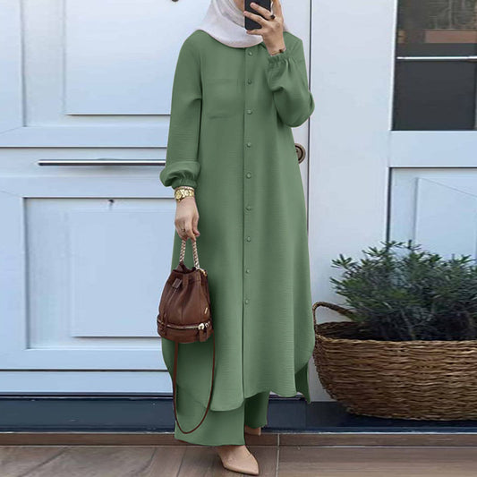 Muslim Women's Arabic Style Spring Autumn Casual Dress Set Mushroom Button Fashionable Long Skirt Polyester Viscose Blend