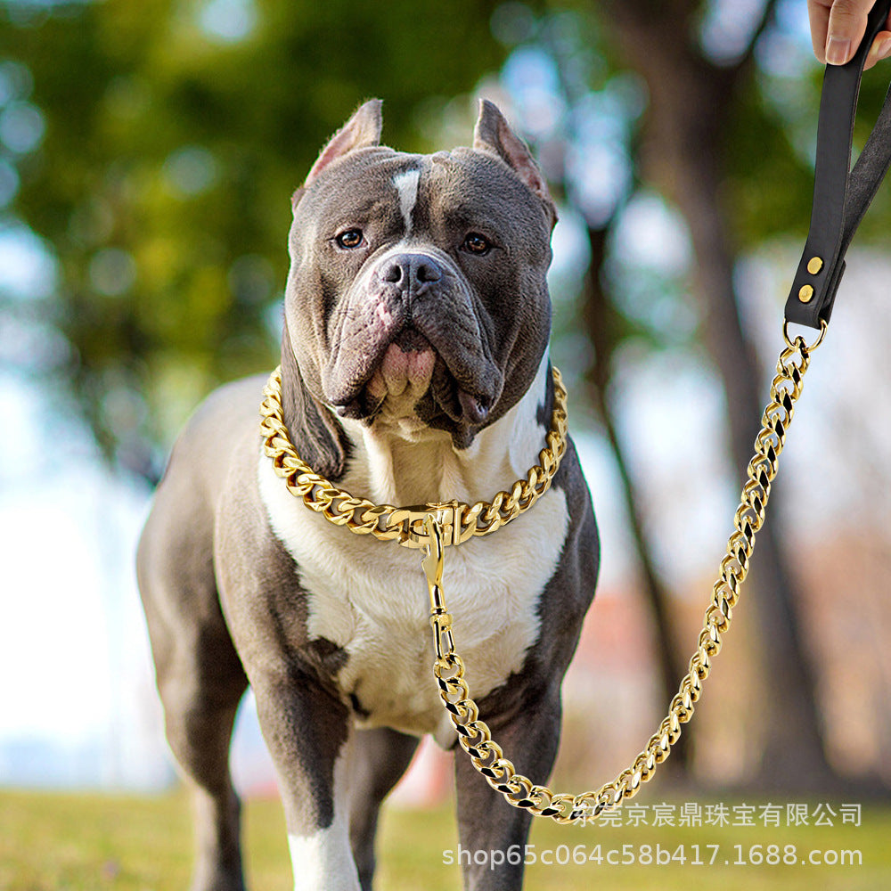 19MM Six-sided Grinding Stainless Steel Gold Traction Dog Chain Collar Collar Dog Leash Medium And Large Dog Leash
