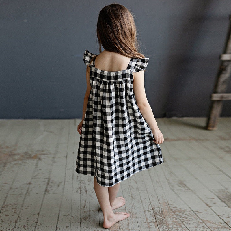 Summer New Style Linen Cotton Breathable Sleeveless Vest Dress For Baby Girls Fashion Contrast Color Plaid Square Collar Dress Children's Wear