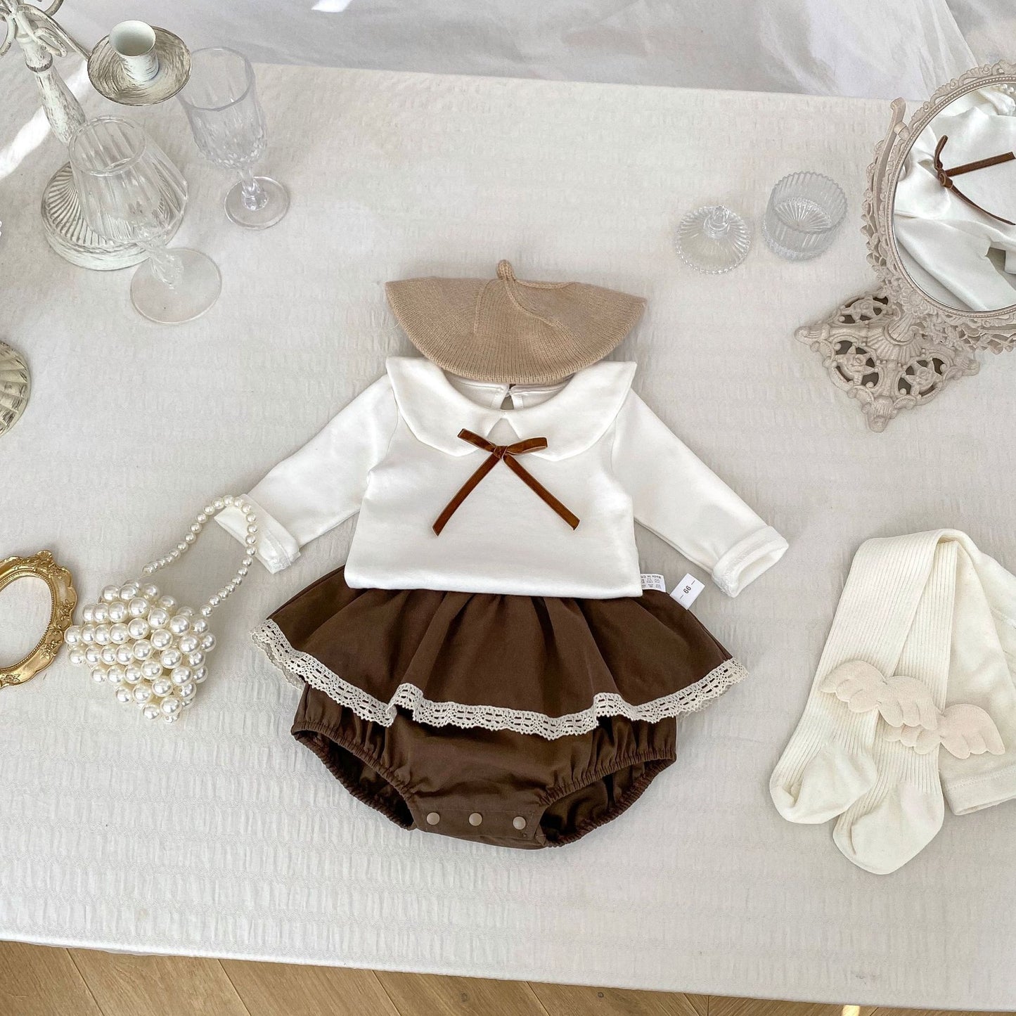 Korean-style Baby Clothes Autumn Baby Girl 1-3 Years Old Doll Collar Long-sleeved Top Lace Culottes Contrast Two-piece Set