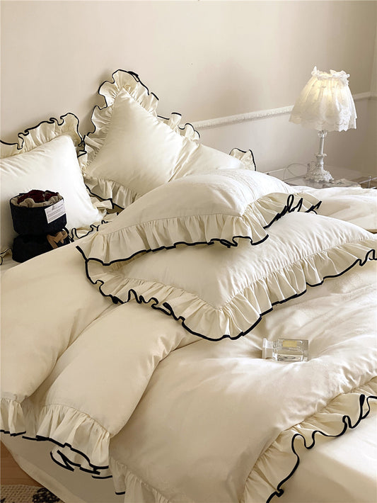 French-style 100-count Long-staple Cotton Four-piece Set Pure Cotton Jacquard Quilt Cover Girl Lotus Leaf Edge Solid Color Bed Sheet Bedding