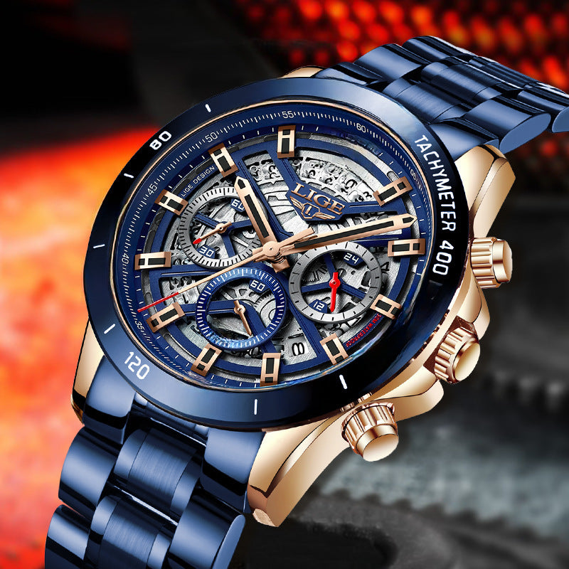 LIGE Dedicated Men's Quartz Watch Hollow New Concept Watch Multi-functional Waterproof Watch