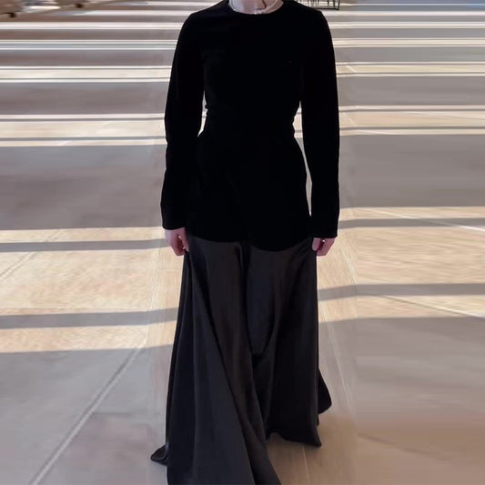 Autumn 2024 New European And American Cross-border Amazon Cross-border Women's Crewneck Contrast Velvet Stitching Fake Two-piece Long Dress