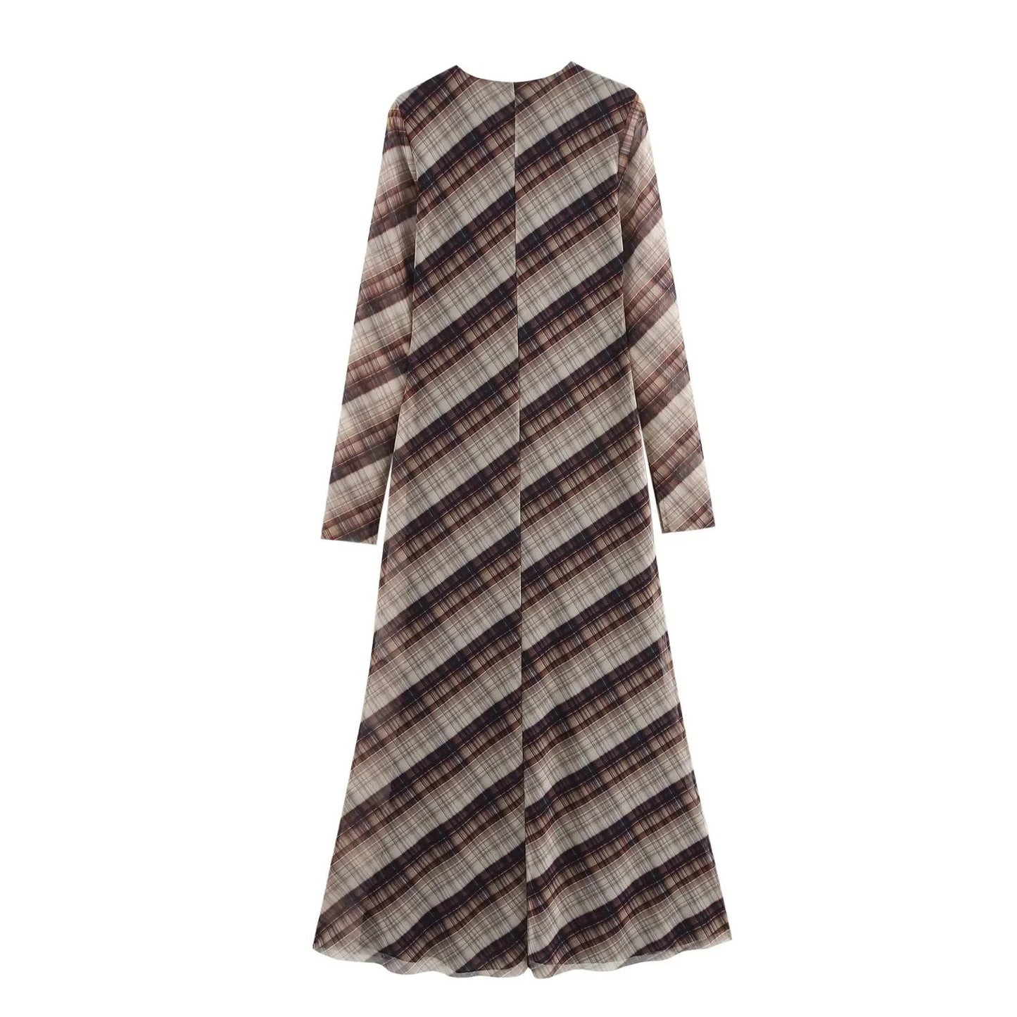 Cross-border European And American Women's AliExpress Explosions Temperament Fashion Long Plaid Silk Net Dress