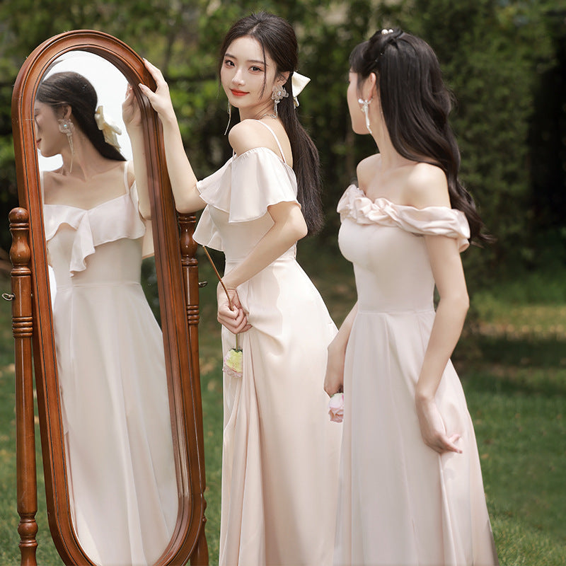 Champagne Bridesmaid Dress For Women 2024 New Style Usually Wearable Spring Small Sisters Group Dress Satin High-end