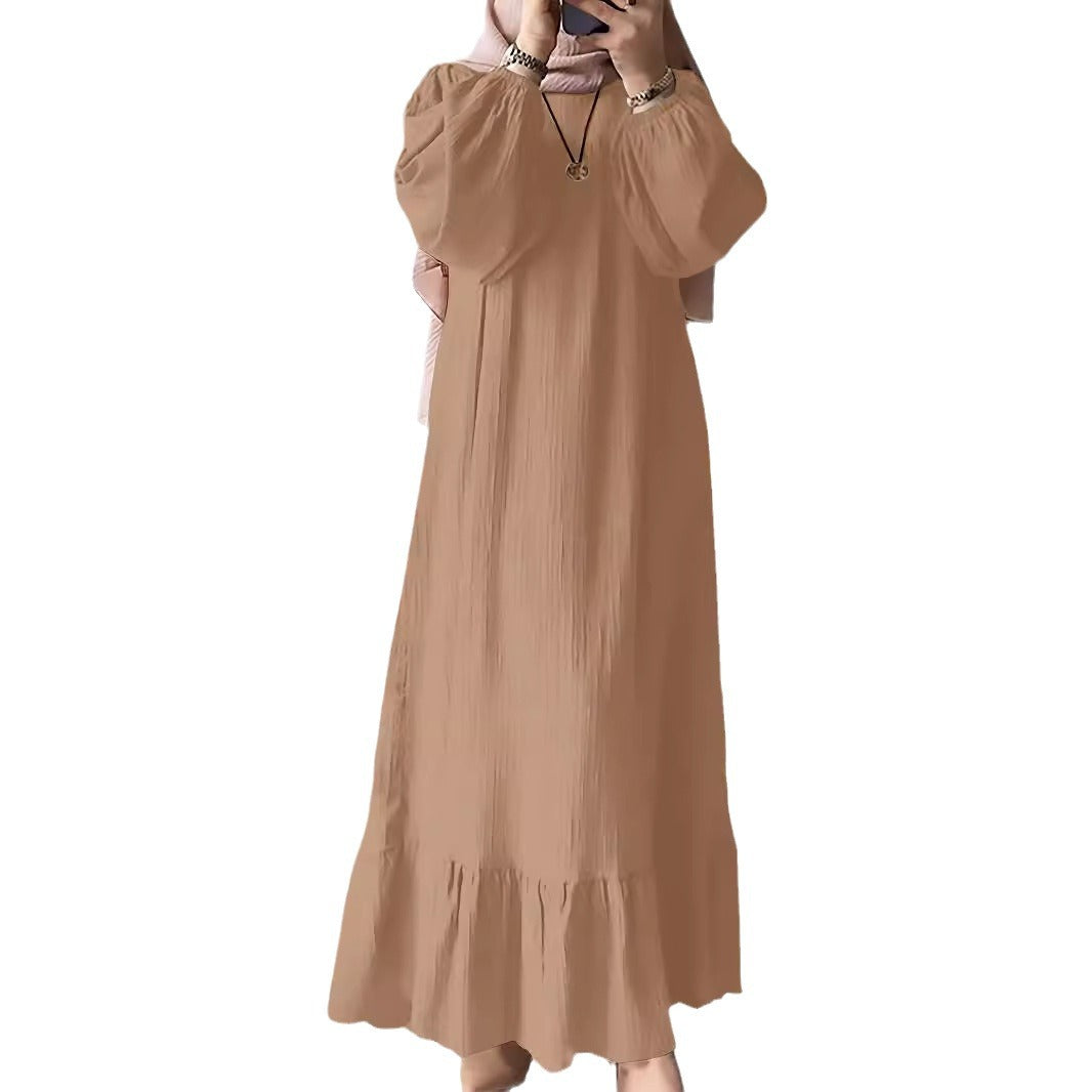 2024 Muslim Women's Robe Spring And Autumn New Fashion Puff Sleeve Vintage Pocket Hem Ruffled Dress