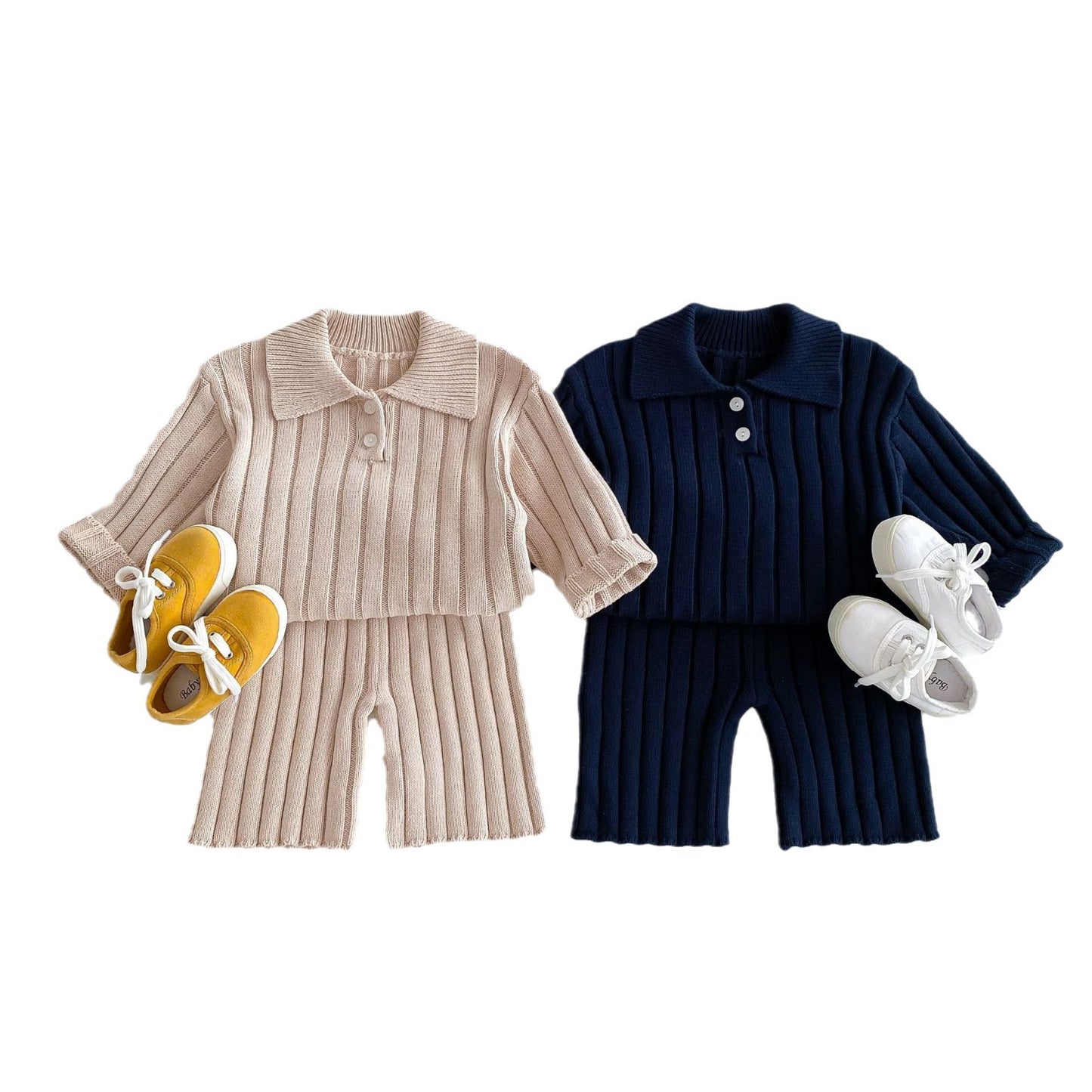 Autumn New 1-8 Years Old Children's Korean Sweater Suit Joker Small Lapel Knitted Men's And Women's Children's Pants Two-piece Set