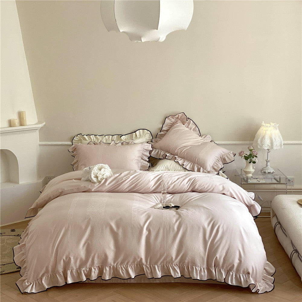 French-style 100-count Long-staple Cotton Four-piece Set Pure Cotton Jacquard Quilt Cover Girl Lotus Leaf Edge Solid Color Bed Sheet Bedding
