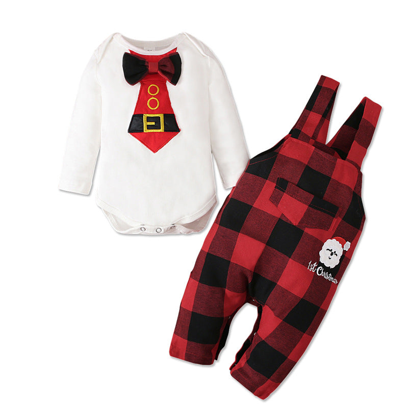 Men's And Children's European And American Spring And Autumn Long Sleeve Tie Top + Plaid Suspender Pants Two-Piece Children's Wear Ins