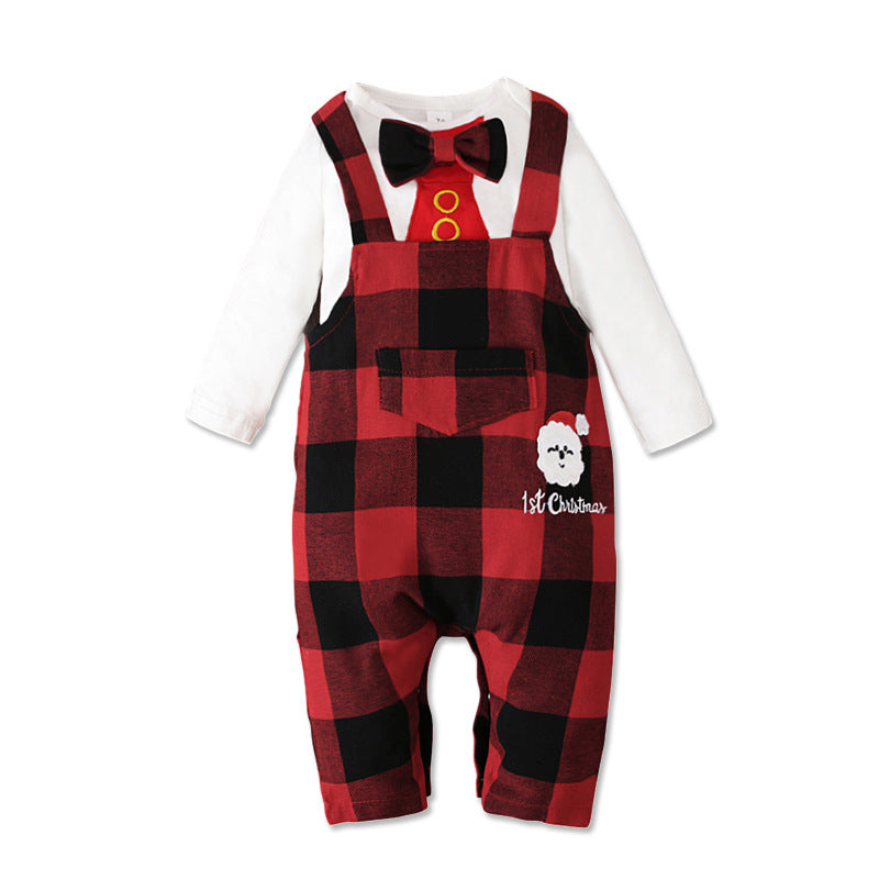 Men's And Children's European And American Spring And Autumn Long Sleeve Tie Top + Plaid Suspender Pants Two-Piece Children's Wear Ins